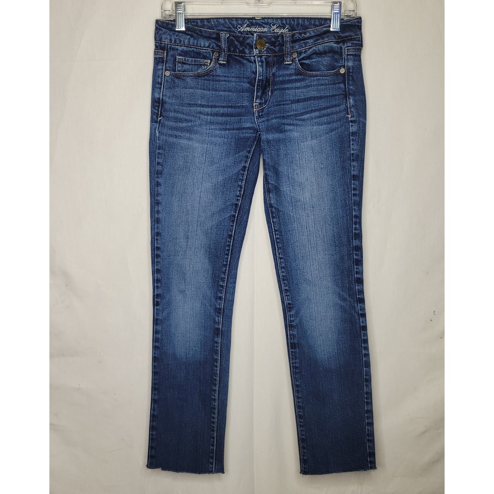 American Eagle Skinny Jeans ~ Regular Blue Stretch, Low Rise, Raw Hem Denim